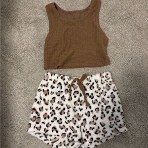 Brown Crop Top and Leopard Print Shorts Set